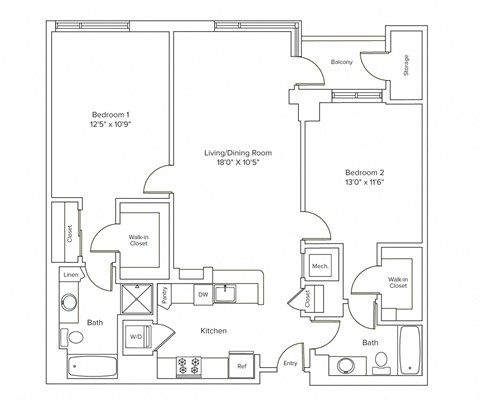 Floor plan for 2 beds, 2 baths, 1179 sqft